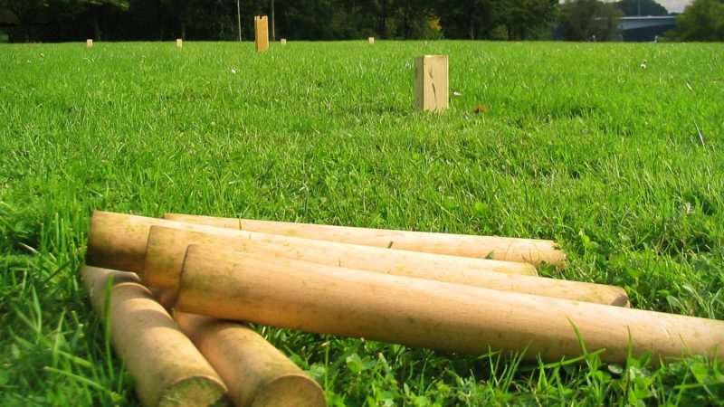 Kubb Wurfhölzer liegen auf der Wiese