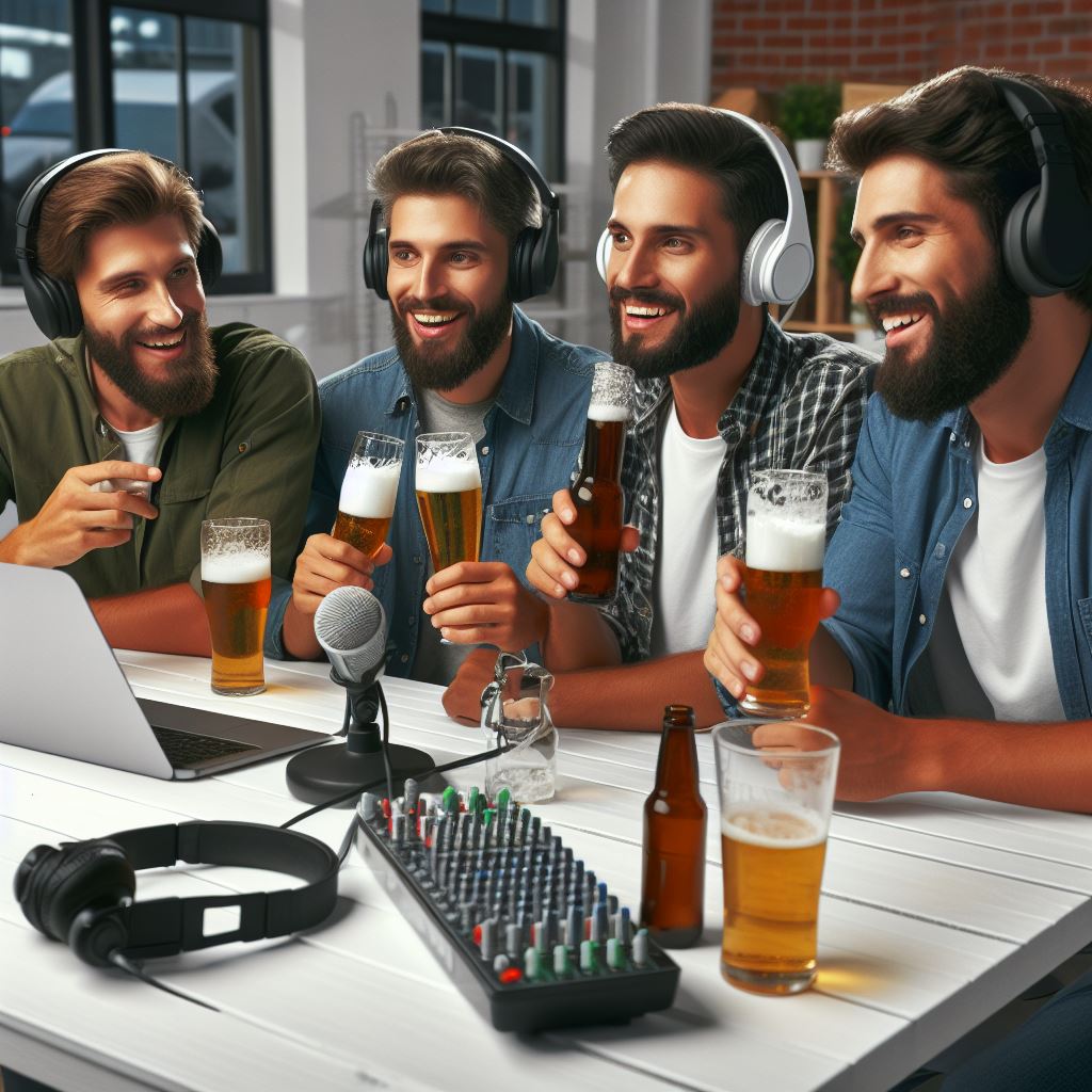 Vier Podcaster mit Bier – nach Vorstellung der KI (generiert durch Bing Image Creator)