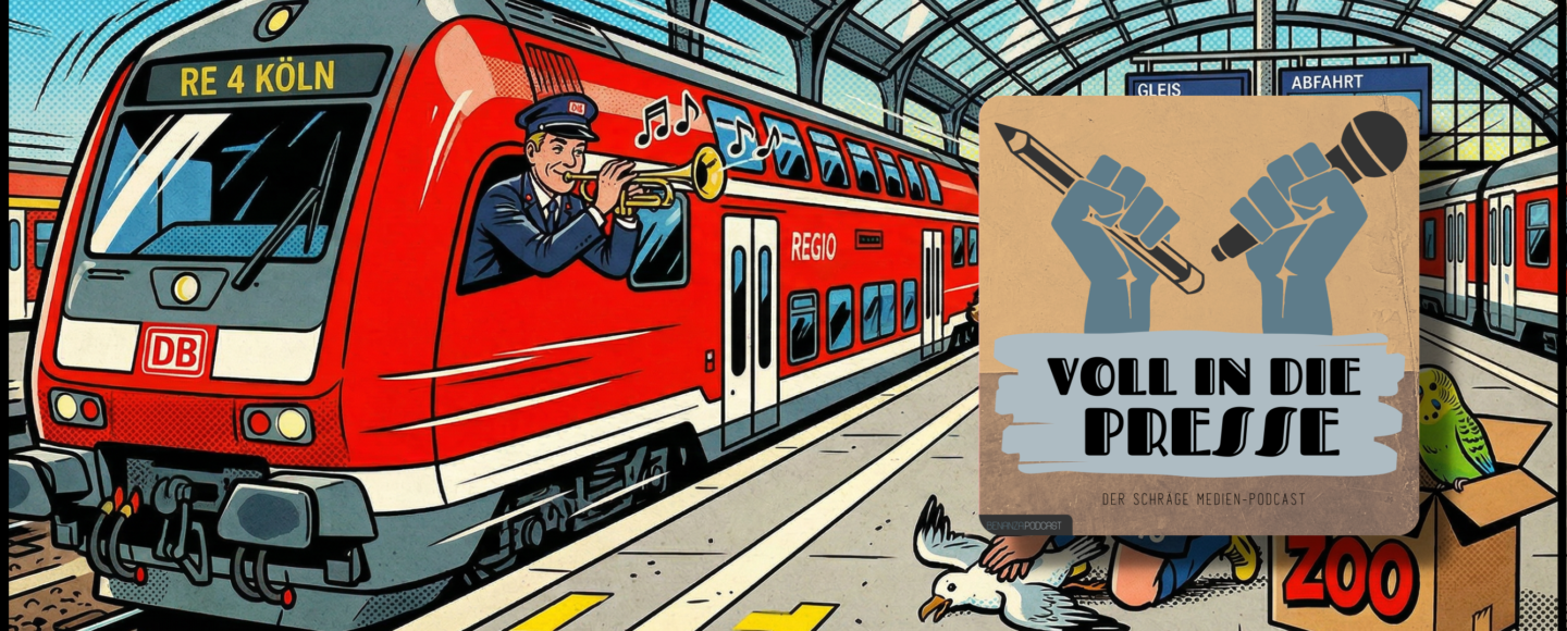 Podcast Cover Voll in die Presse Episode 114 Staffel 6 - Deutsche Bahn, Trompeter, Möwe, Zoo, Haustiere