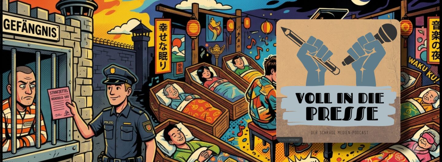 Podcast Cover Voll in die Presse Episode 119 Staffel 6 - Jogginghose, Piano, Musical, Diktator, Falschparker, Strafzettel, Knight Rider, Japan, Medienspiegel, Presse