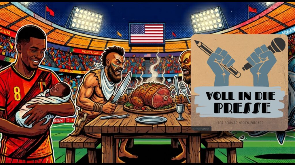 Podcast Cover Voll in die Presse Episode 120 Staffel 6 - Jußball-WM, FIFA, Italien, Schiedsrichter, Geburt, Kannibalismus, Roboter, Lufthansa, Medien, Pressespiegel