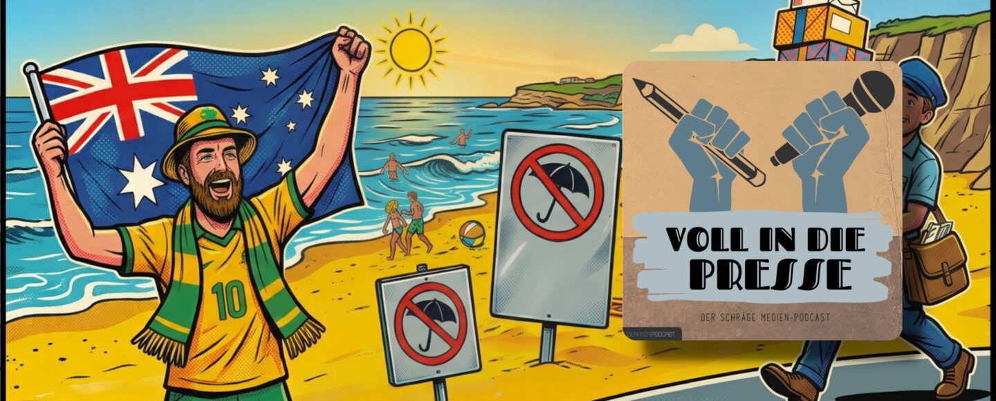Podcast Cover Voll in die Presse Episode 121 Staffel 6 - Second Screen, Schweizer Post, Möwen, Socceroos, Australien, Leiche, Paketdienst, Strandurlaub, Pressespiegel