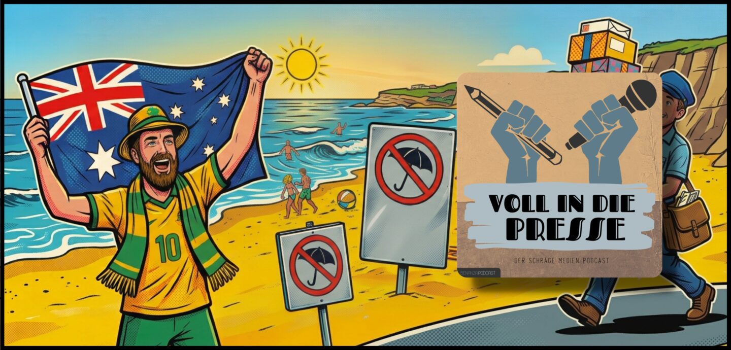Podcast Cover Voll in die Presse Episode 121 Staffel 6 - Second Screen, Schweizer Post, Möwen, Socceroos, Australien, Leiche, Paketdienst, Strandurlaub, Pressespiegel