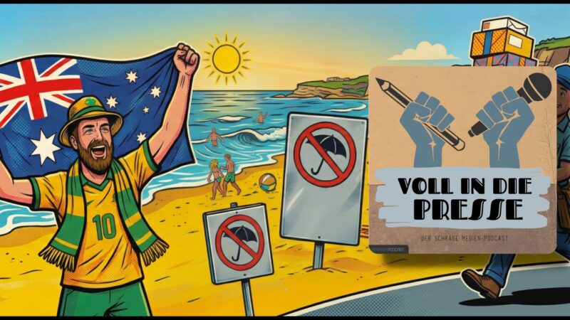 Podcast Cover Voll in die Presse Episode 121 Staffel 6 - Second Screen, Schweizer Post, Möwen, Socceroos, Australien, Leiche, Paketdienst, Strandurlaub, Pressespiegel