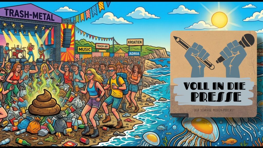Podcast Cover Voll in die Presse Episode 122 Staffel 6 - Sommer, Urlaub, Adria, Dolomiten, Thunfisch, Blue Spaces, Strand, Meer Pressespiegel