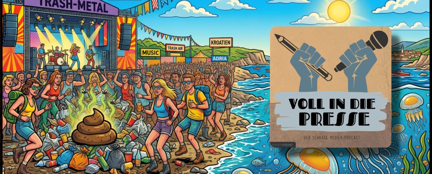 Podcast Cover Voll in die Presse Episode 122 Staffel 6 - Sommer, Urlaub, Adria, Dolomiten, Thunfisch, Blue Spaces, Strand, Meer Pressespiegel