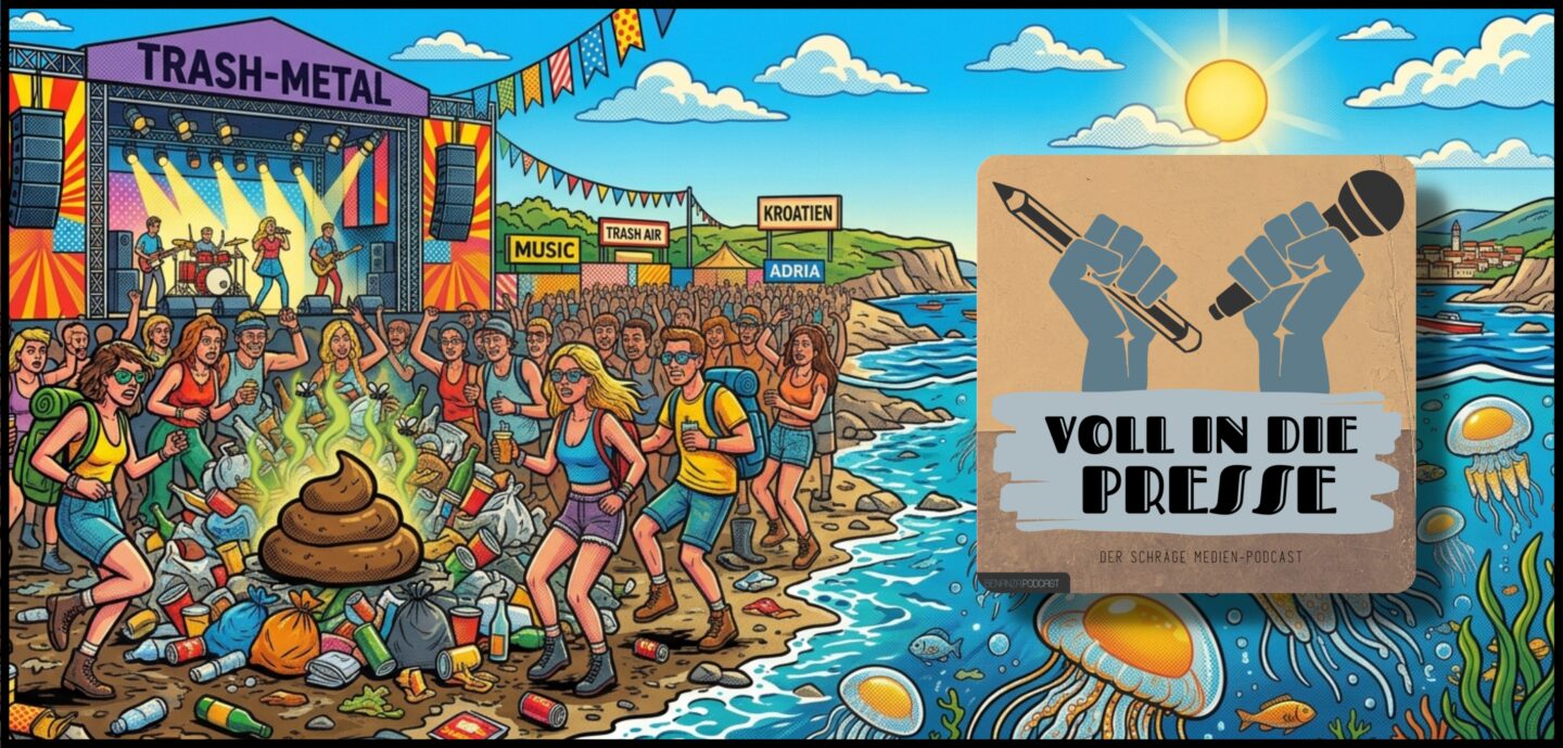 Podcast Cover Voll in die Presse Episode 122 Staffel 6 - Sommer, Urlaub, Adria, Dolomiten, Thunfisch, Blue Spaces, Strand, Meer Pressespiegel