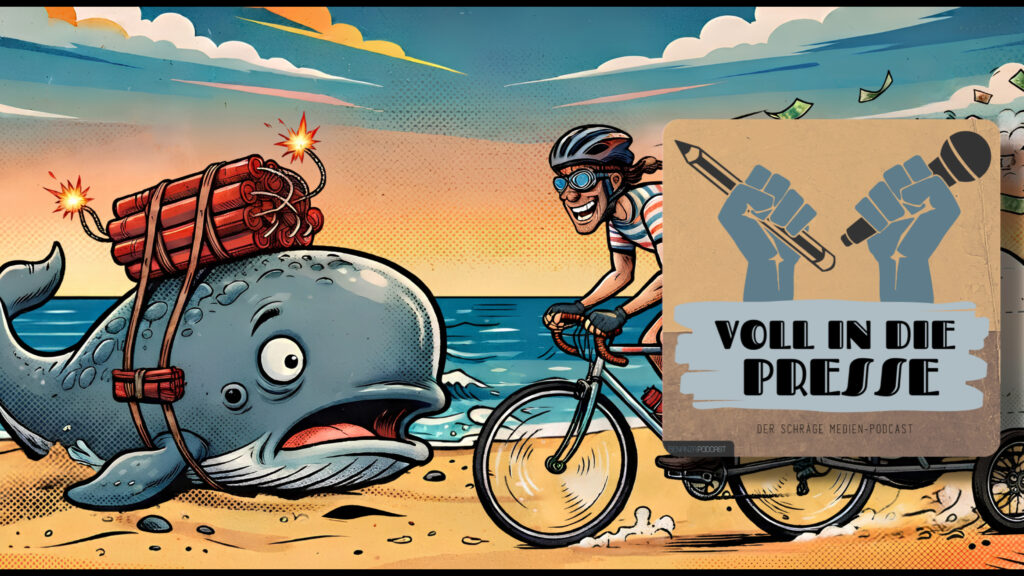 Podcast Cover Voll in die Presse Episode 124 Staffel 6 - Wal, Dynamit, Radfahrer, Klopapier, IG-Nobelpreis, Streaming, Hyrox, Bierglas, Jugendtrend