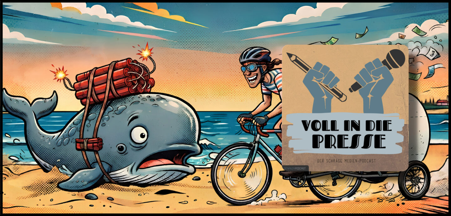 Podcast Cover Voll in die Presse Episode 124 Staffel 6 - Wal, Dynamit, Radfahrer, Klopapier, IG-Nobelpreis, Streaming, Hyrox, Bierglas, Jugendtrend