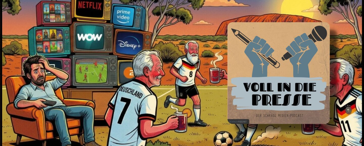 Podcast Cover Voll in die Presse Episode 126 Staffel 6 - Fußball, Radsport, Seniorensport, Streaming, Glühwein, Weihnachtsmarkt, Peru, Medien, Kurios