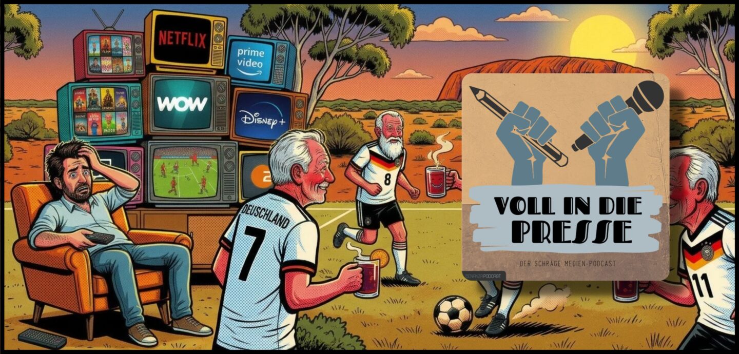 Podcast Cover Voll in die Presse Episode 126 Staffel 6 - Fußball, Radsport, Seniorensport, Streaming, Glühwein, Weihnachtsmarkt, Peru, Medien, Kurios